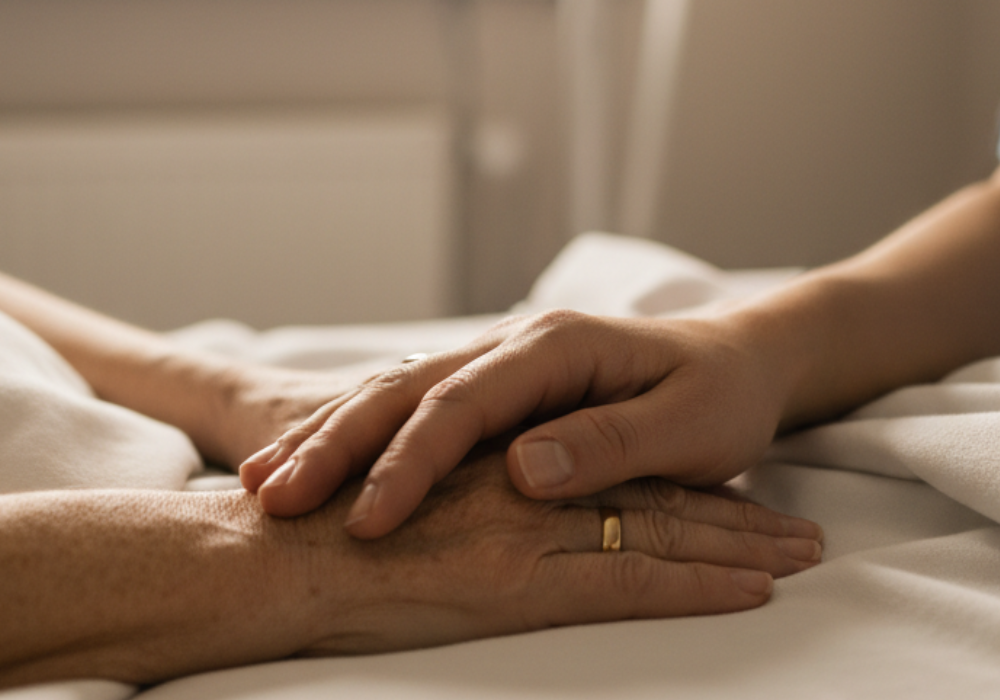 Hand einer Ärztin liegt auf der Hand einer Tumorpatientin.